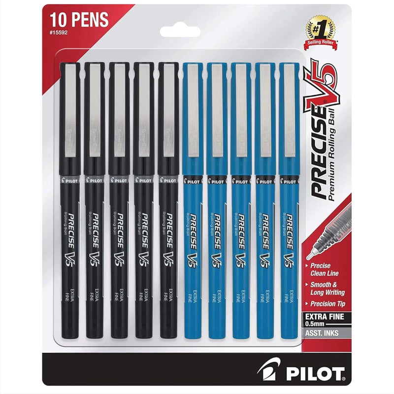 PILOT Precise V5 Rolling Ball Pen Extra Fine Point - 0.5mm - Bulk 10 Pack of 5 Black and 5 Blue Liquid Ink Rollerball Pens - Image 1